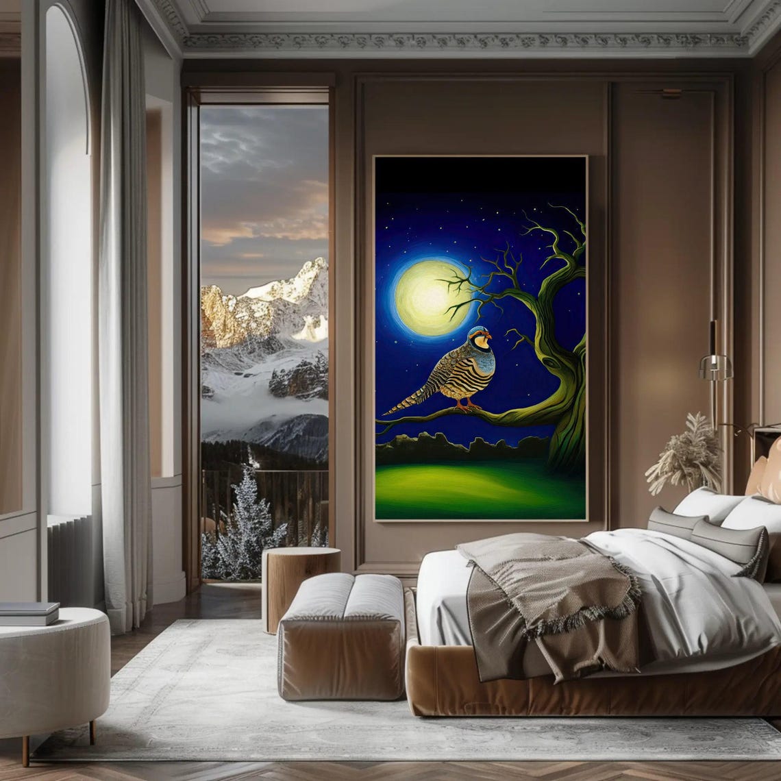 Chukar Bird Under A Full Moon Mystical Night Sky Painting Poster - Image 2