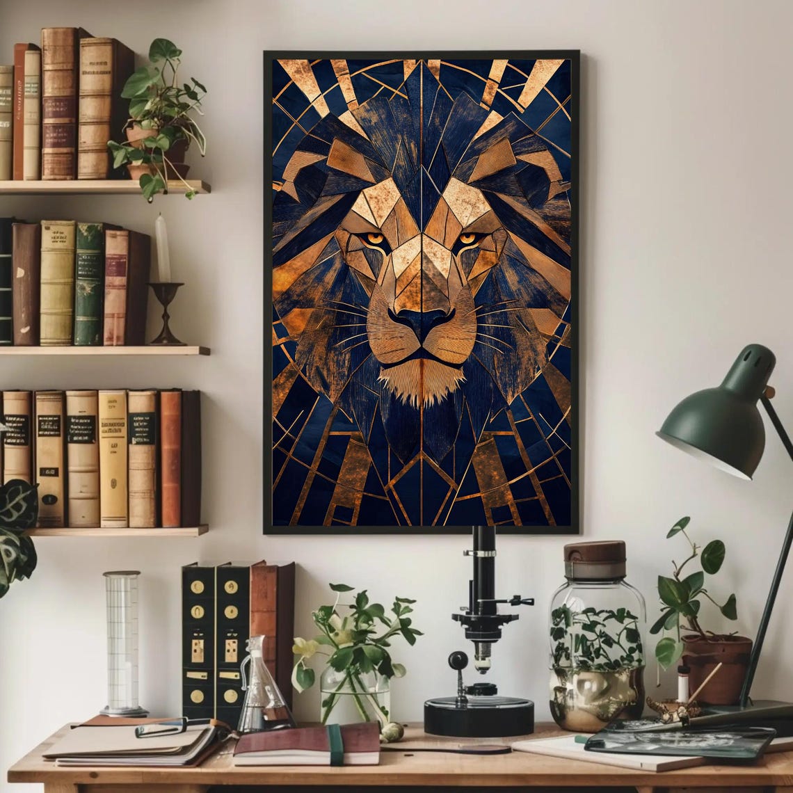 Angular Geometric Lion in Midnight Blue and Antique Gold Poster - Image 2