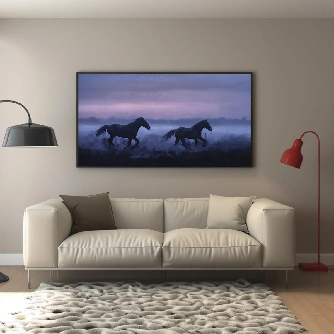 Two Dark Horses Galloping Through Violet Twilight Mist Poster - Image 4
