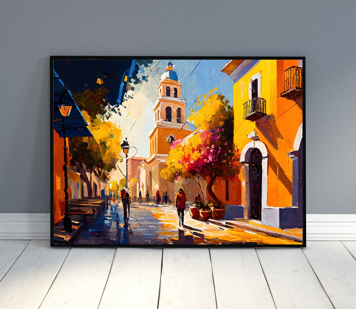 Mexican Town Plaza Church Dome Sunny Street Vibrant Art Poster - Image 4