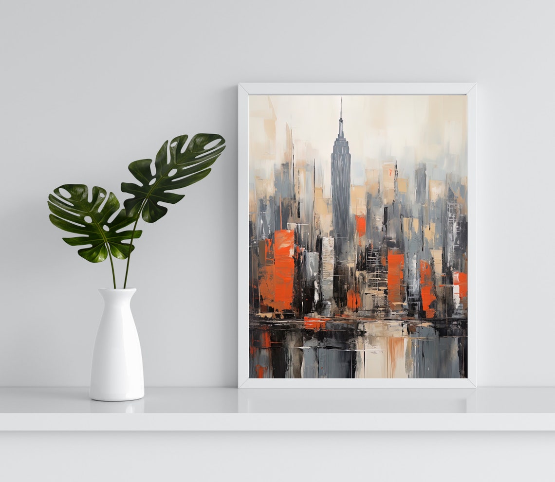 New York City Abstract Gray Orange Skyline Empire State Poster - Image 3