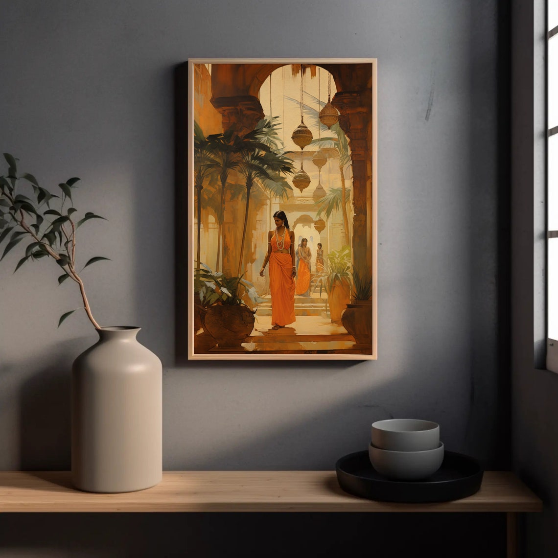 Indian Palace Courtyard with Lanterns and Orange Sari Poster - Image 3