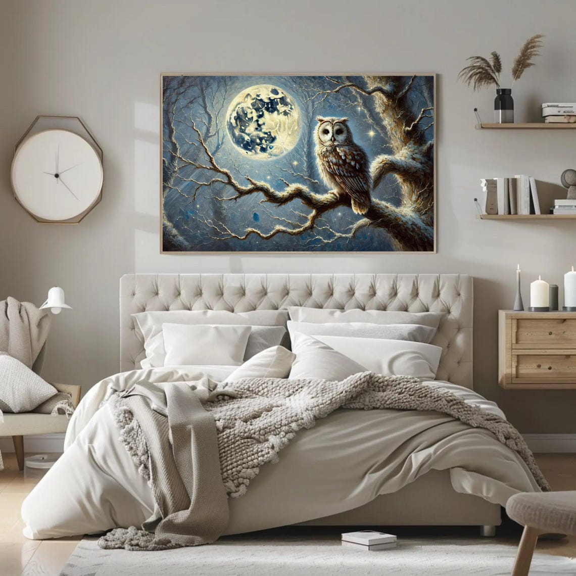Wise Owl Perched On A Snowy Branch Beneath A Full Moon Poster - Image 2