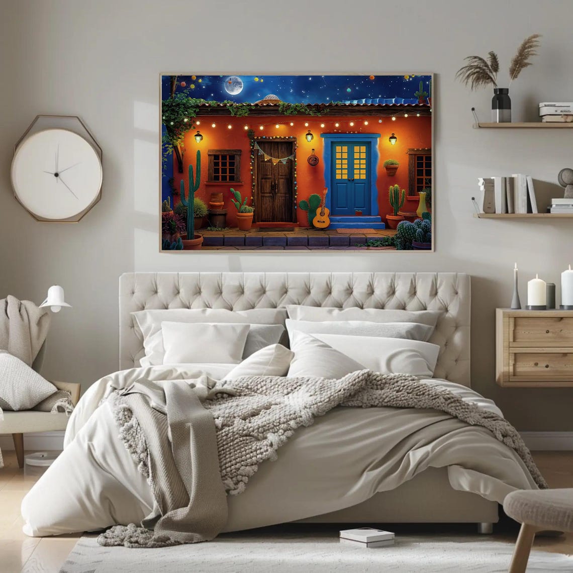 Mexican Casa Night Full Moon Glowing String Lights Festive Poster - Image 4