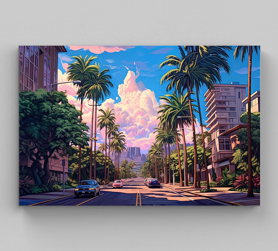 Honolulu Palm-Lined Boulevard Under Pastel Morning Clouds Poster