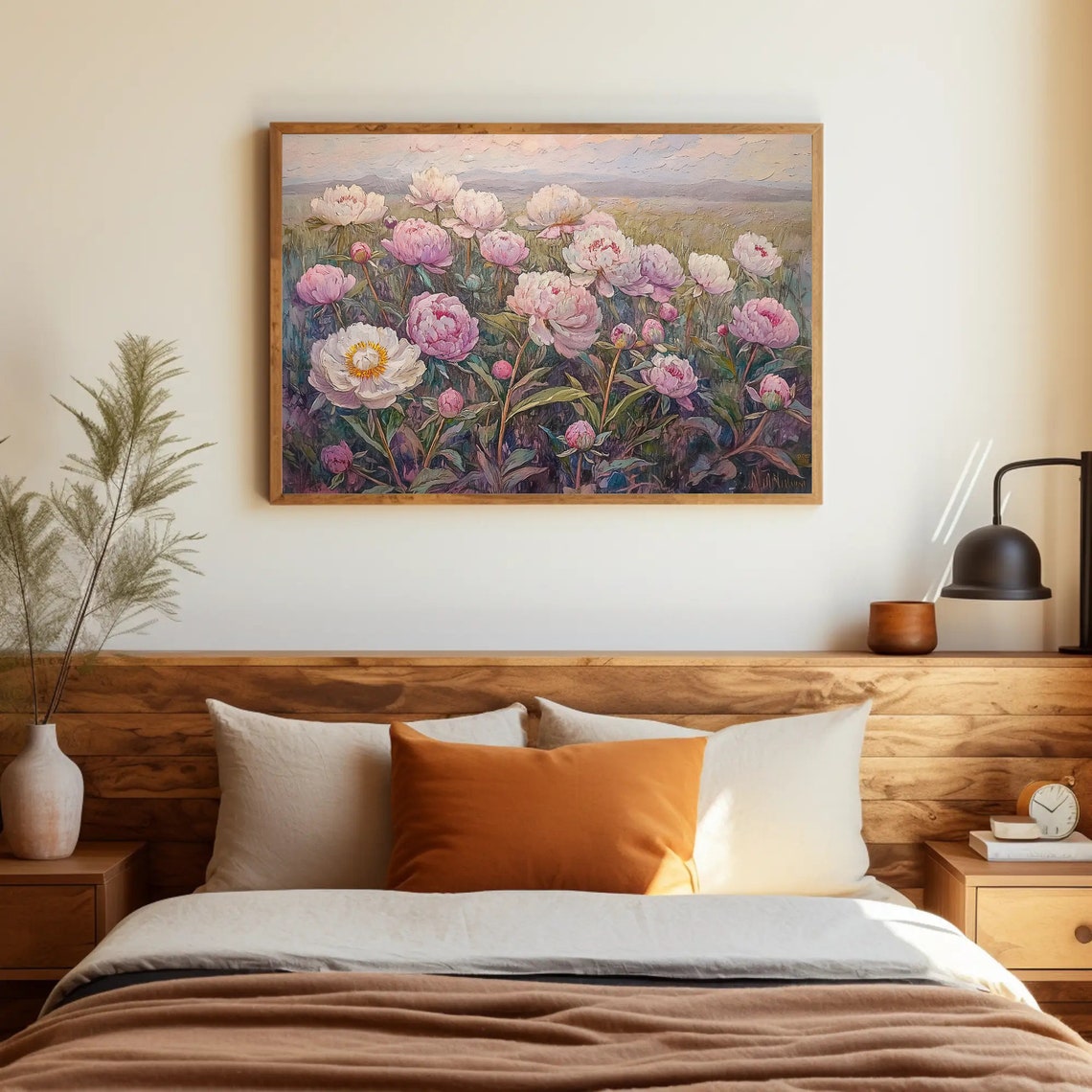 Pink And White Peony Field Impasto Floral Landscape Art Poster - Image 2