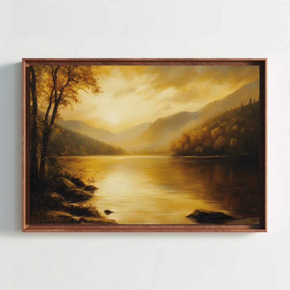 Misty River Valley At Golden Sunrise Mountains Painting Poster