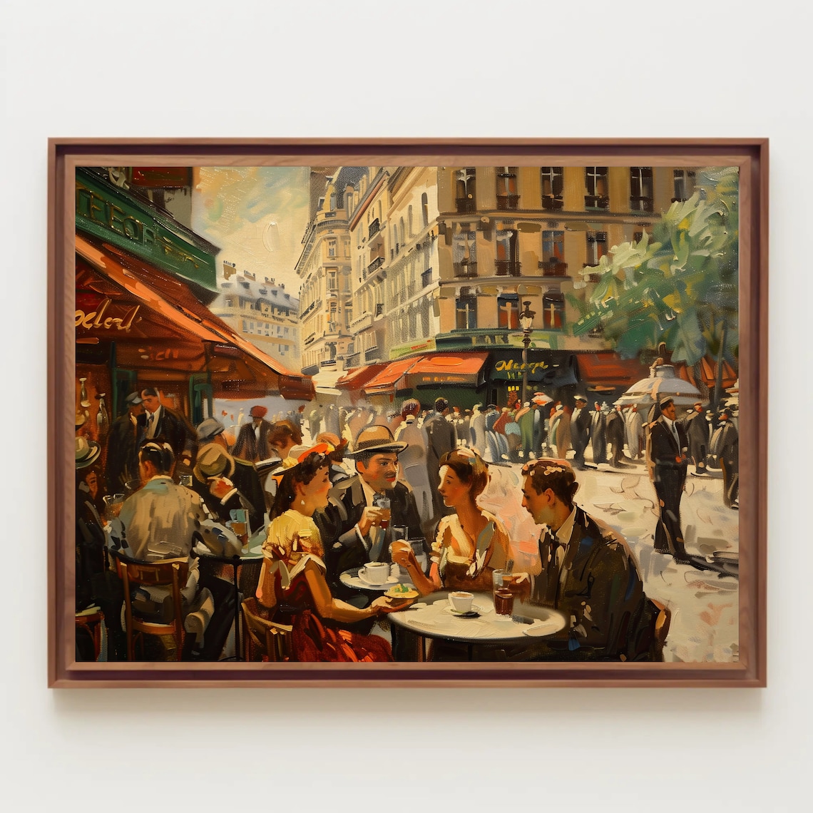 Vintage Paris Cafe Terrace Bustling Street Scene Oil Painting Poster