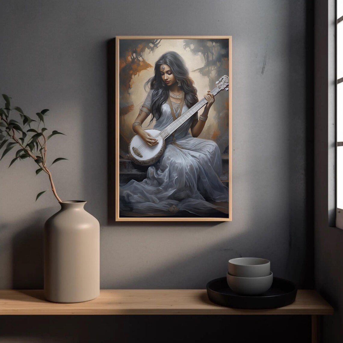Indian Woman Playing Sitar Poster in Flowing White Dress Golden Light - Image 4