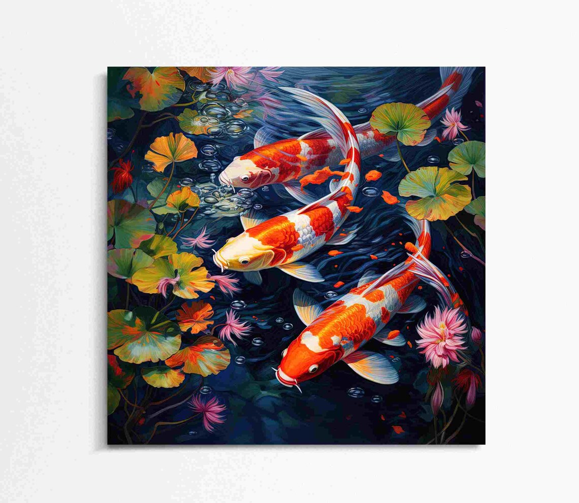 Three Colorful Koi Fish Among Lotus Lily Pads Oil Painting Poster - Image 4