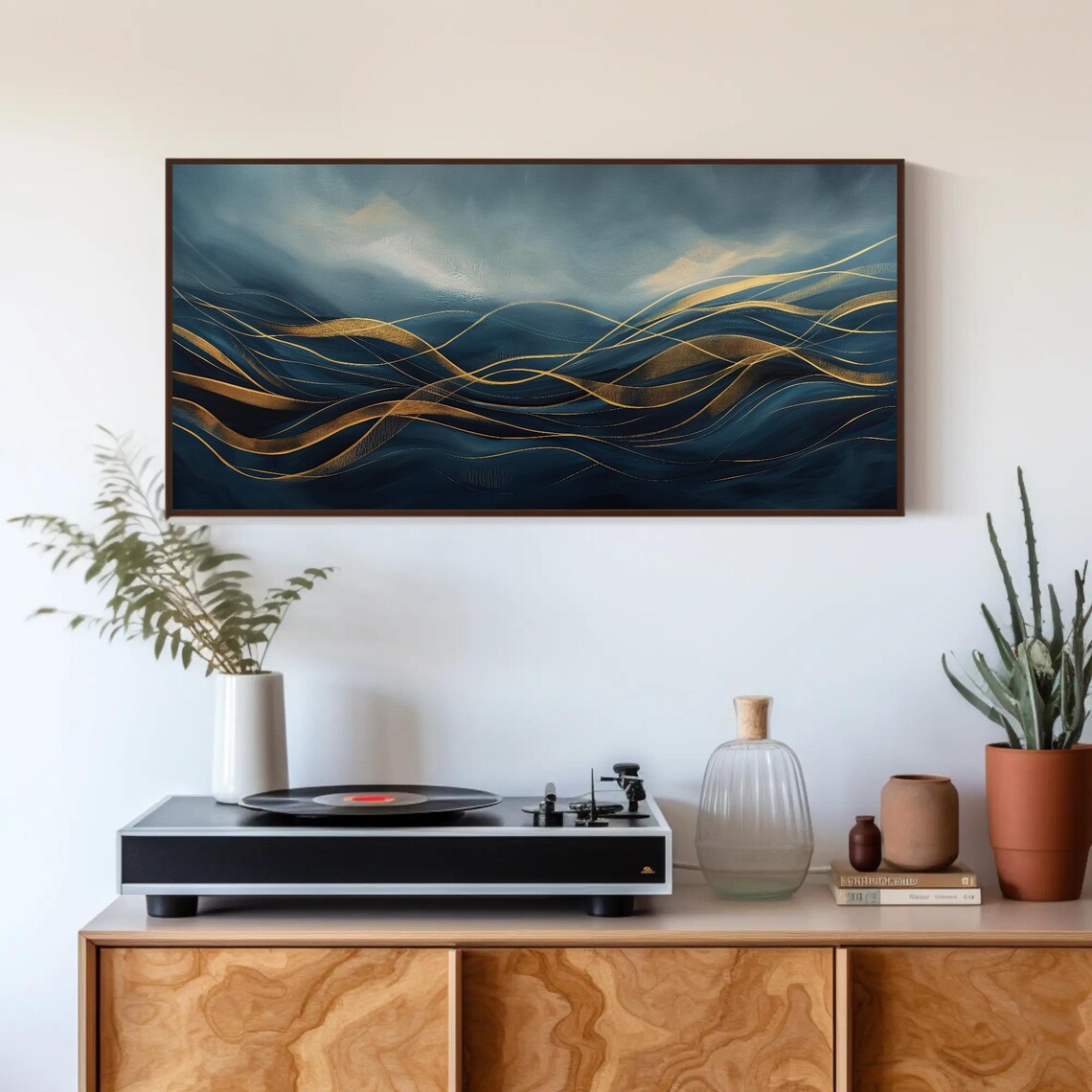 Deep Navy Ocean Waves With Gold Lines Abstract Art Painting Poster