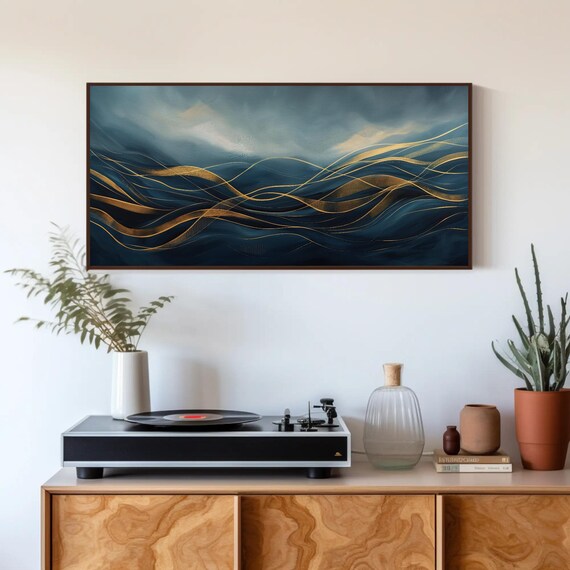 Gold Lines Abstract Dark Blue Minimalist Print Elegant Modern Art Wall Decor Luxury Minimalist Painting For Living Room Or Office