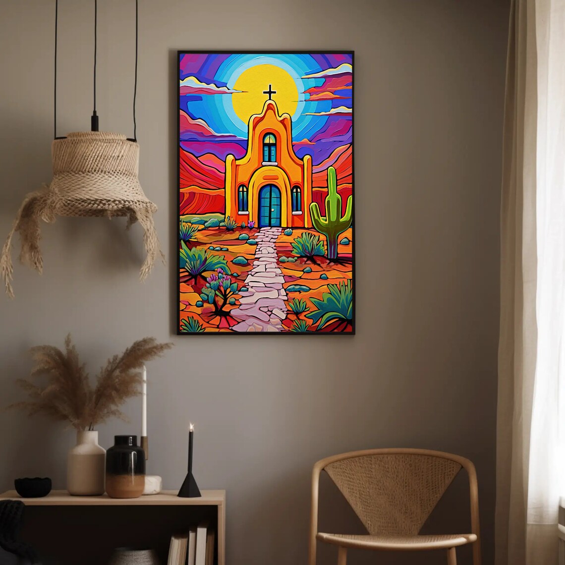 Colorful Desert Church With Cactus Vibrant Mexican Pop Art Poster - Image 2