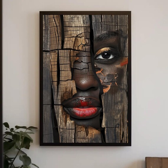 African Woman Face On Cracked Wooden Board Unique Ethnic Wall Art Framed Cultural Artwork For Living Room Office Ready To Hang