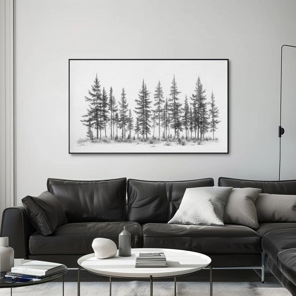Minimalist Black And White Pine Tree Forest Sketch Art Poster - Image 5