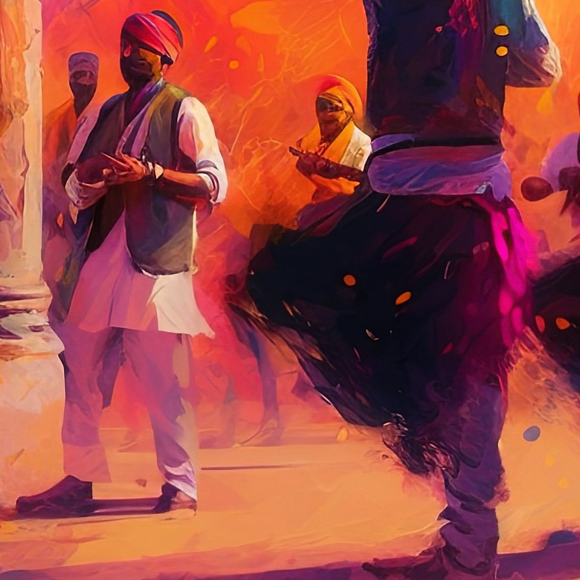 Rajasthani Men Dancing Holi in a Pink Palace Courtyard Poster - Image 2