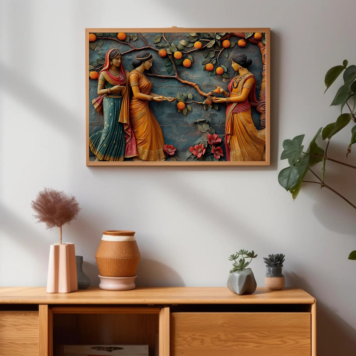 Indian Women Under Orange Tree 3D Sculpture Relief Style Poster - Image 2