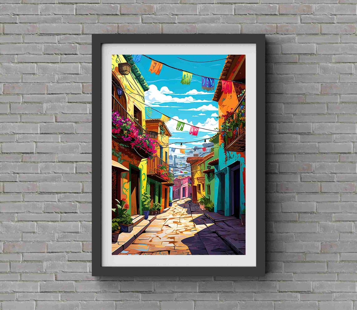 Colorful Mexican Street With Hanging Papel Picado Flags Art Poster - Image 3