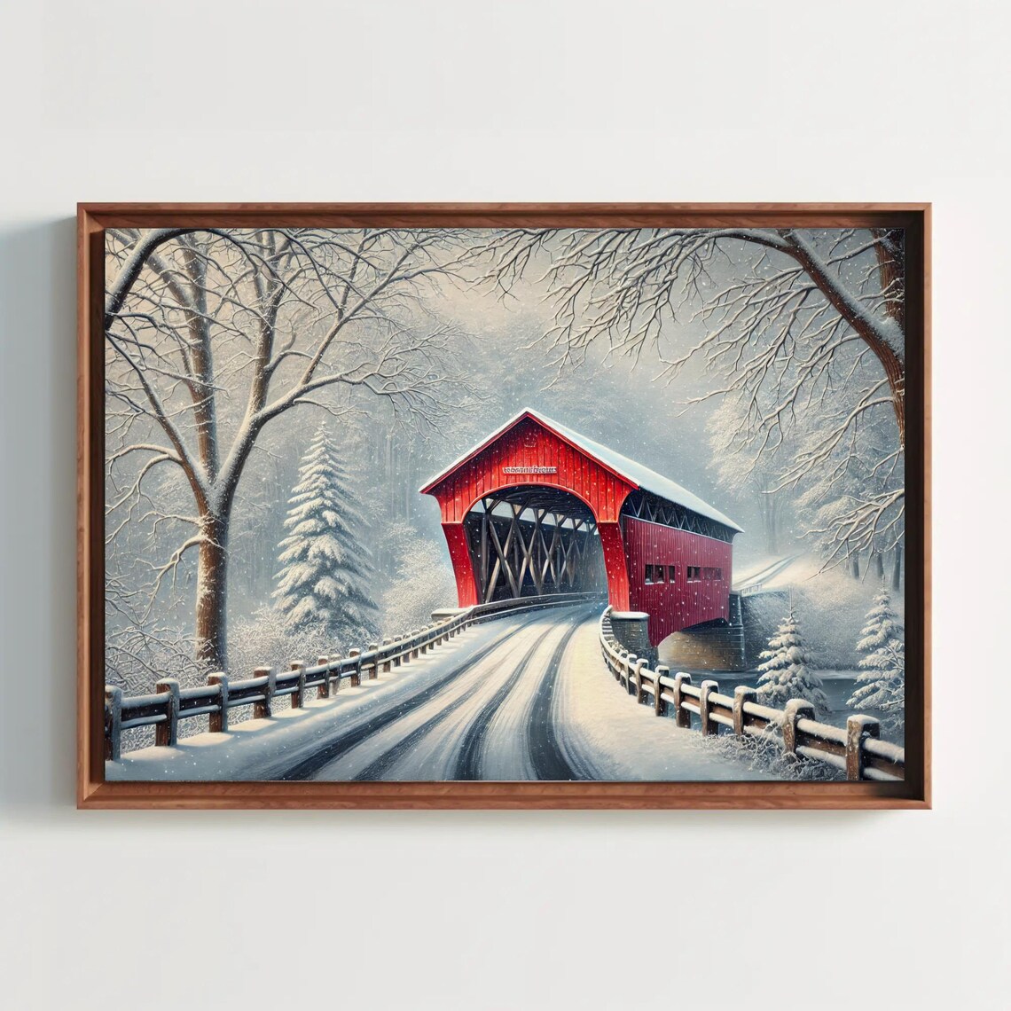 Red Covered Bridge In A Snowy Winter Wonderland Landscape Poster