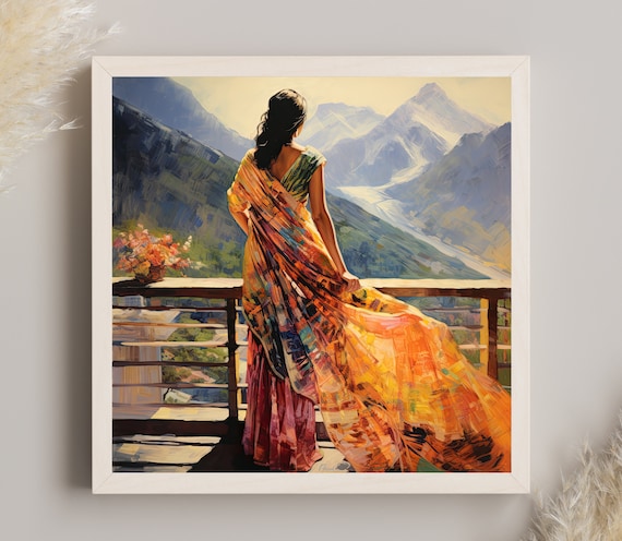 Indian Woman Hill Station Scenery Art Print, Oil Painting