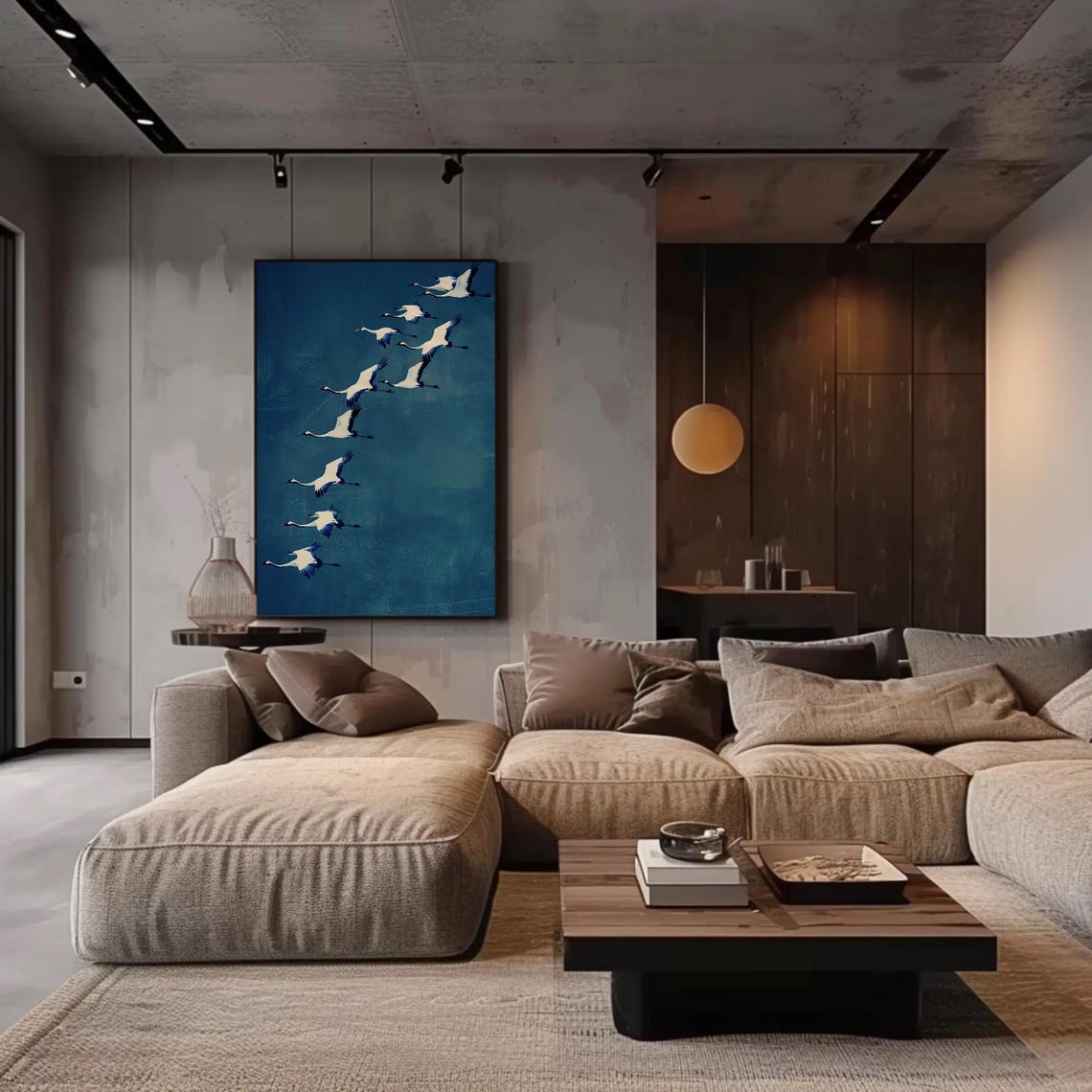 White Cranes Flying in Formation Over Deep Blue Night Sky Poster - Image 4