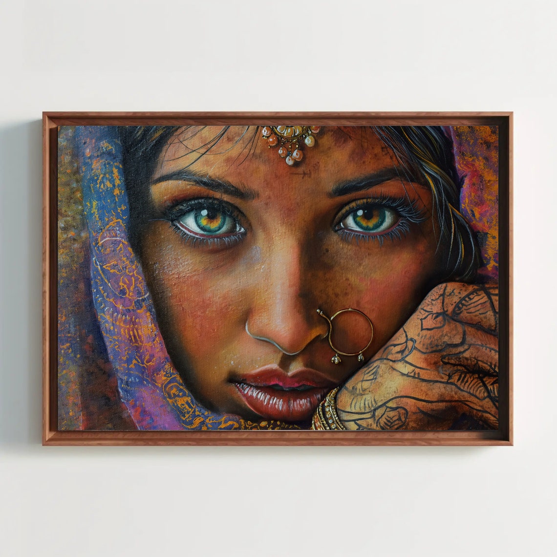 Enchanting Green Eyes Indian Girl Painting Framed Print Bohemian And Cultural Decor Ready To Hang For Living Room Or Bedroom