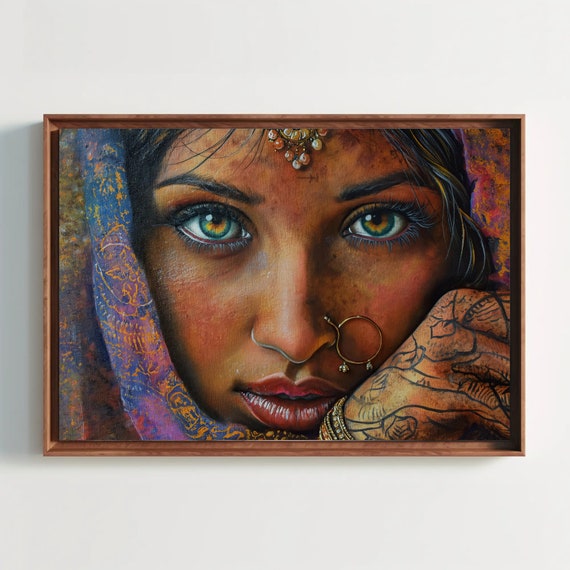 Enchanting Green Eyes Indian Girl Painting Framed Print Bohemian And Cultural Decor Ready To Hang For Living Room Or Bedroom