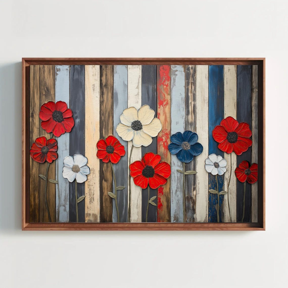 Red White And Blue Flowers On Rustic Wood Americana Art Poster
