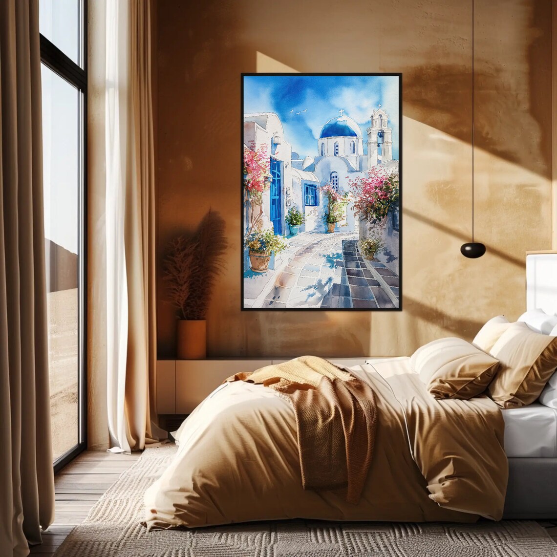 Santorini Blue Dome Church Whitewashed Lane Watercolor Travel Poster - Image 3