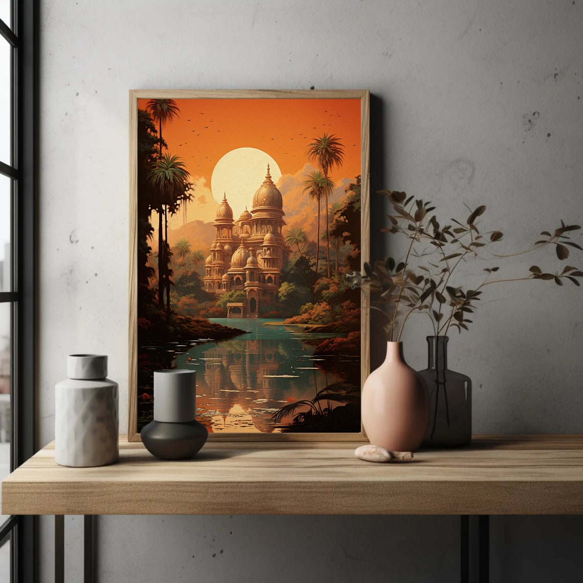 Retro Indian Temple with Domes Reflected in Jungle Lake Poster - Image 4