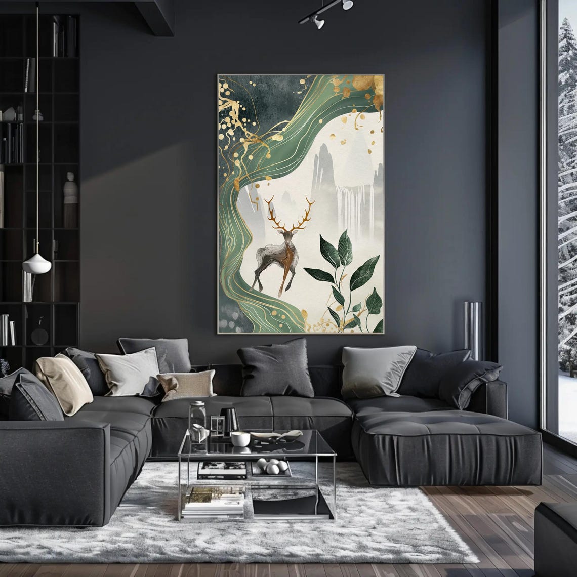 Majestic Stag By Waterfall Green And Gold Asian Style Poster - Image 4