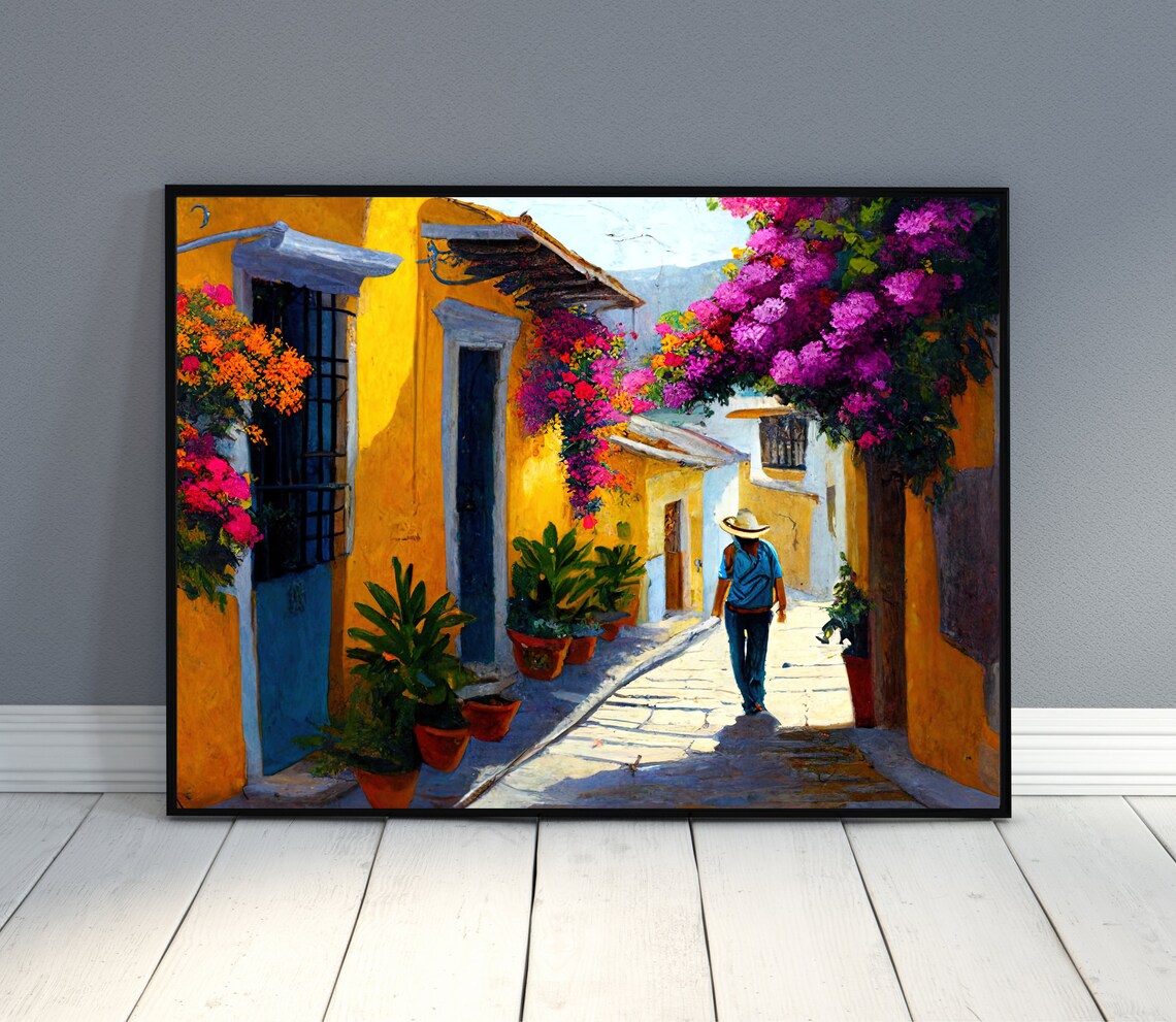 Oaxaca Mexico Sunny Street Bougainvillea Alley Market Scene Poster - Image 2