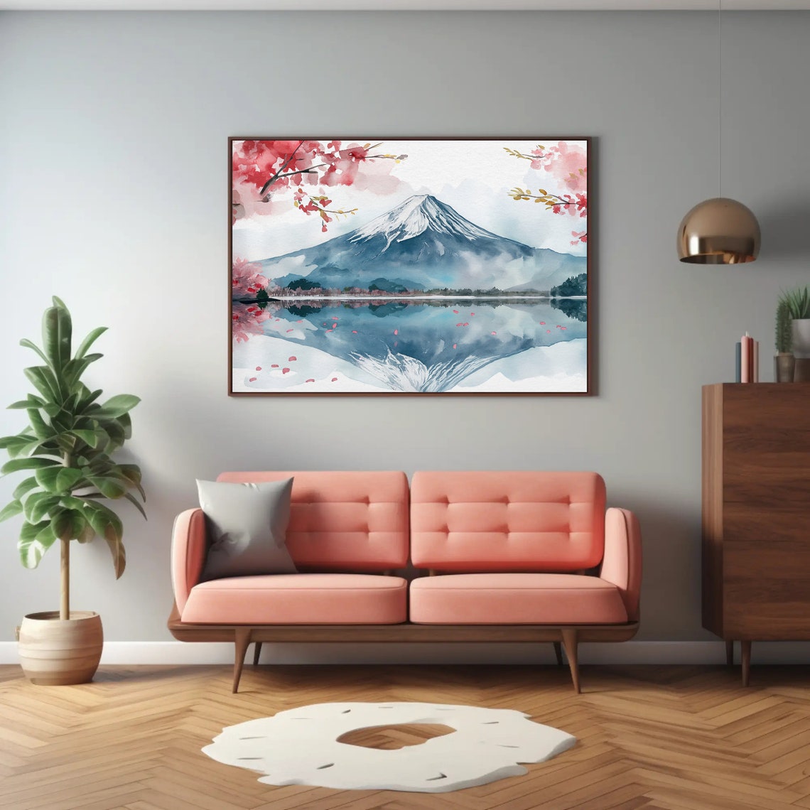 Mount Fuji with Cherry Blossoms Reflection Watercolor Poster - Image 3