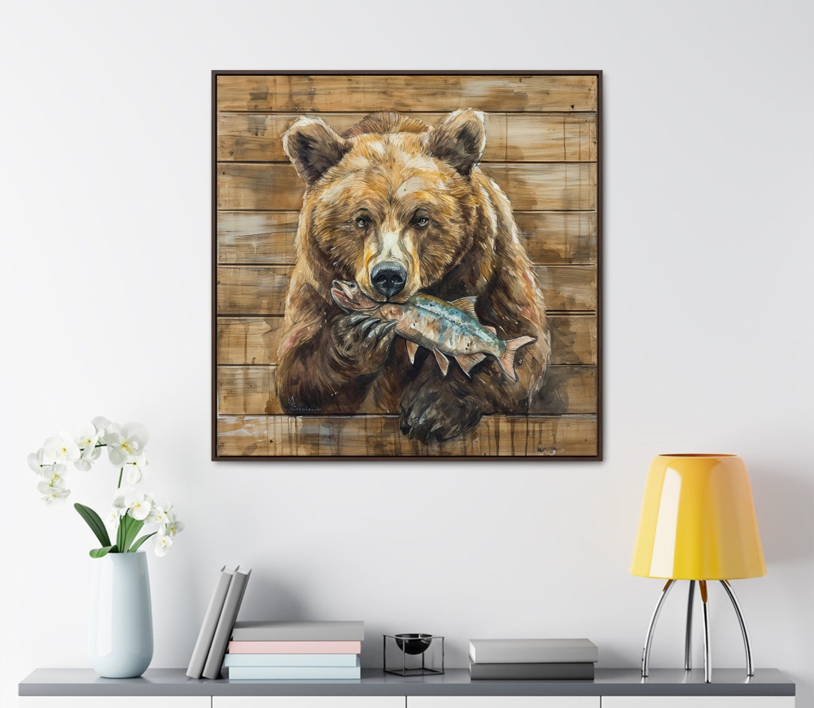 Brown Bear Holding A Fresh Fish Rustic Wood Plank Cabin Poster - Image 4