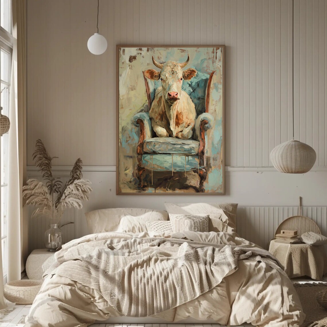 Funny Cow on a Chair Rustic Farmhouse Art Print - Image 3
