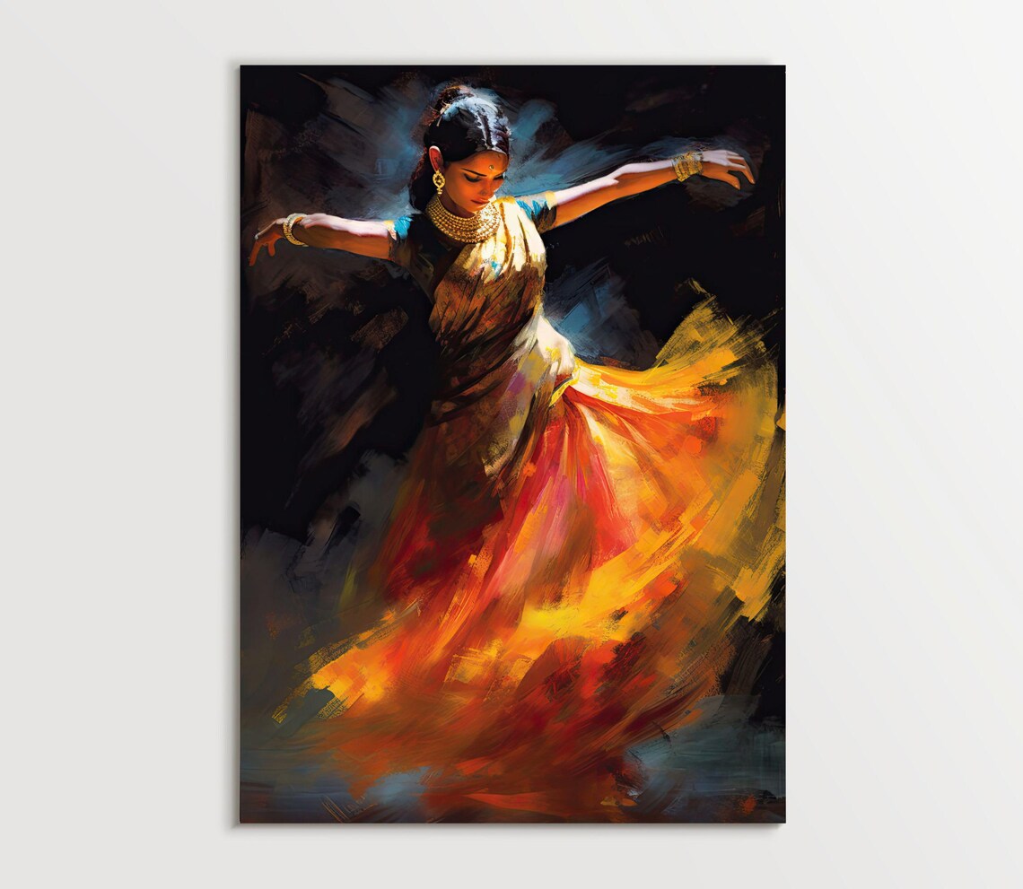 Classical Indian Dancer Swirling Skirt Dark Oil Painting Poster - Image 5
