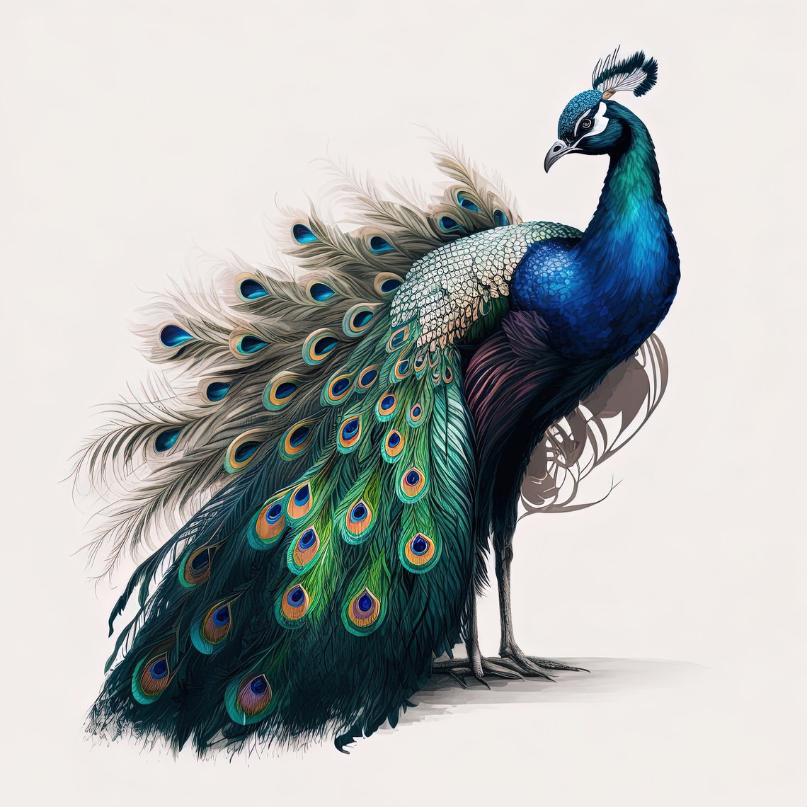 Majestic Peacock Detailed Iridescent Feather Illustration Poster