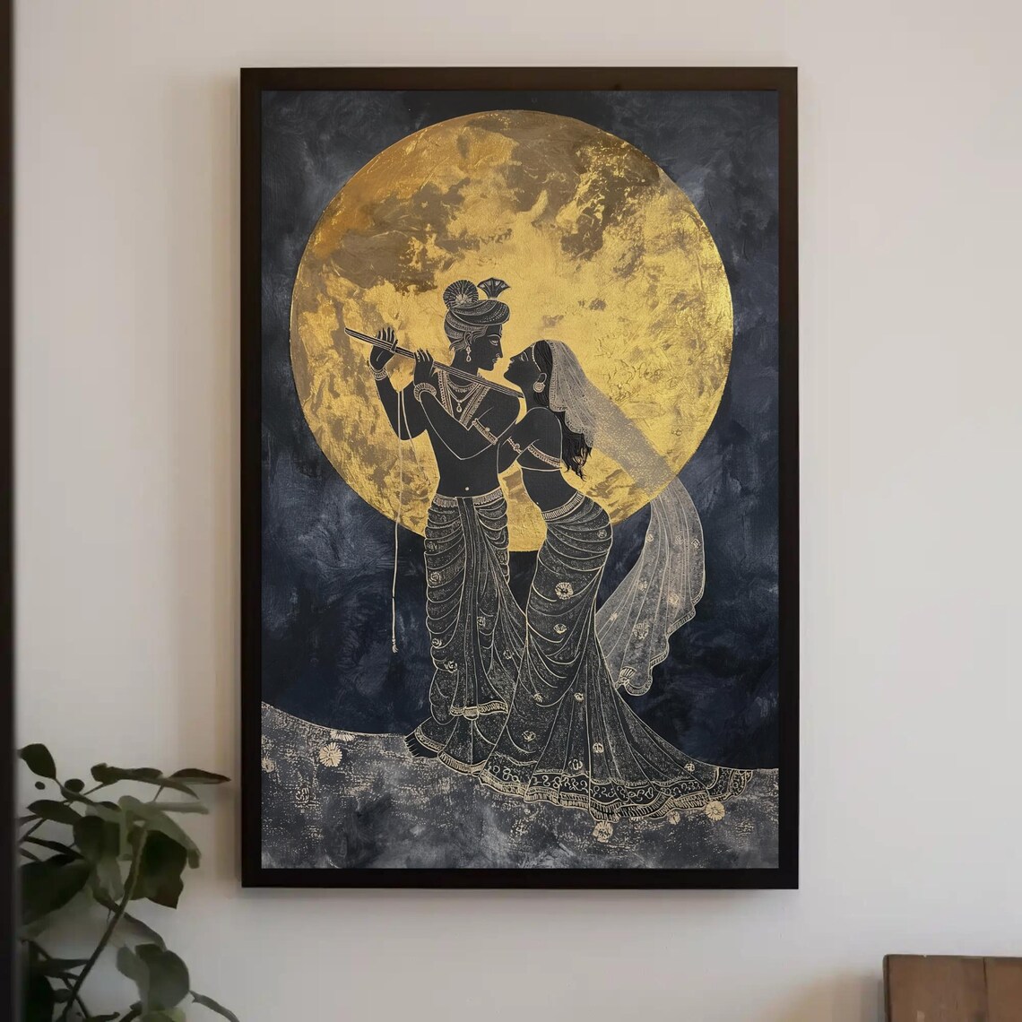 Radha Krishna Under Golden Moon Art Print