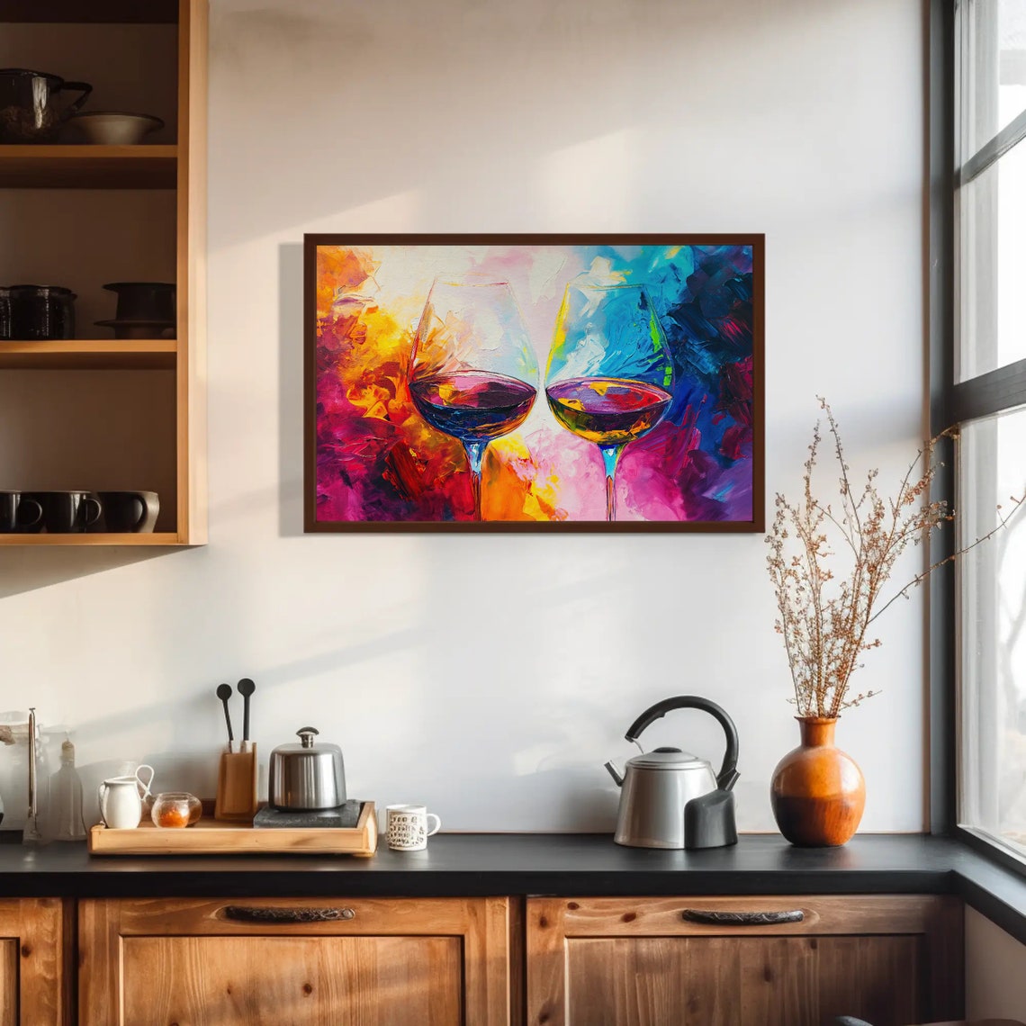 Two Wine Glasses Abstract Colorful Modern Kitchen Art Poster