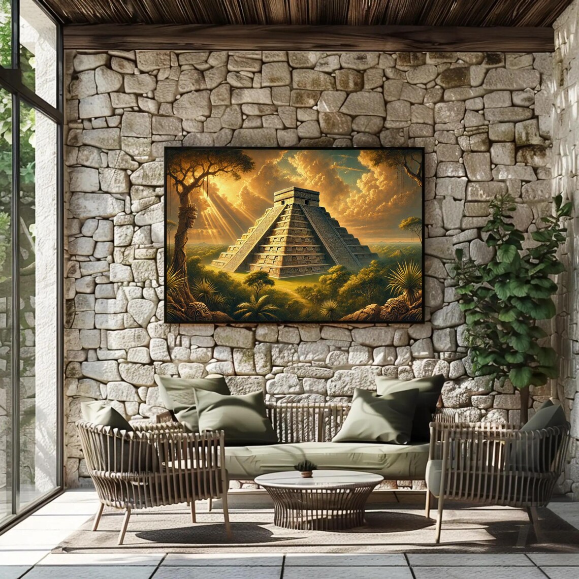 Ancient Mayan Pyramid At Golden Sunset Jungle Painting Poster - Image 2