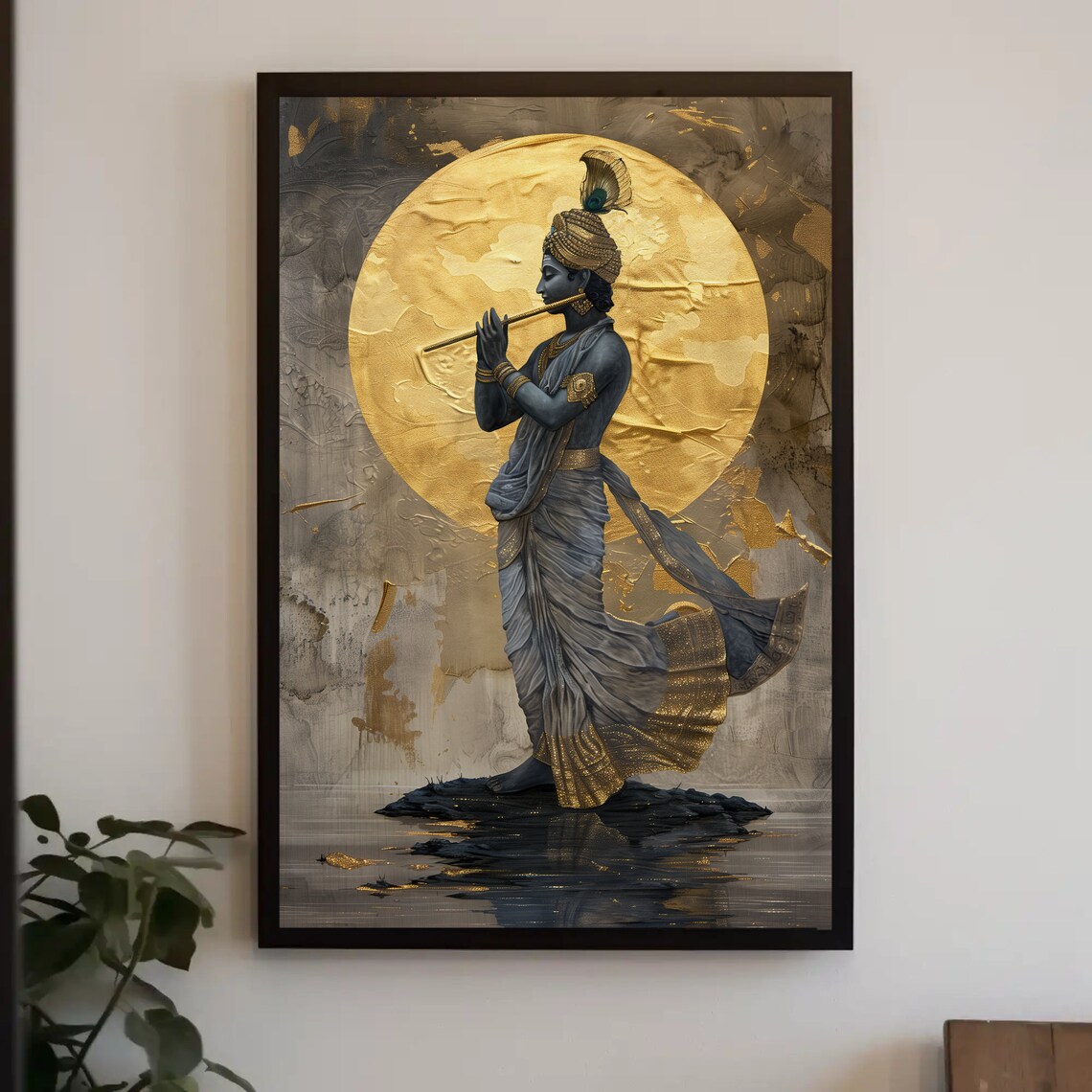 Lord Krishna Under Golden Moon Art Print, Hindu