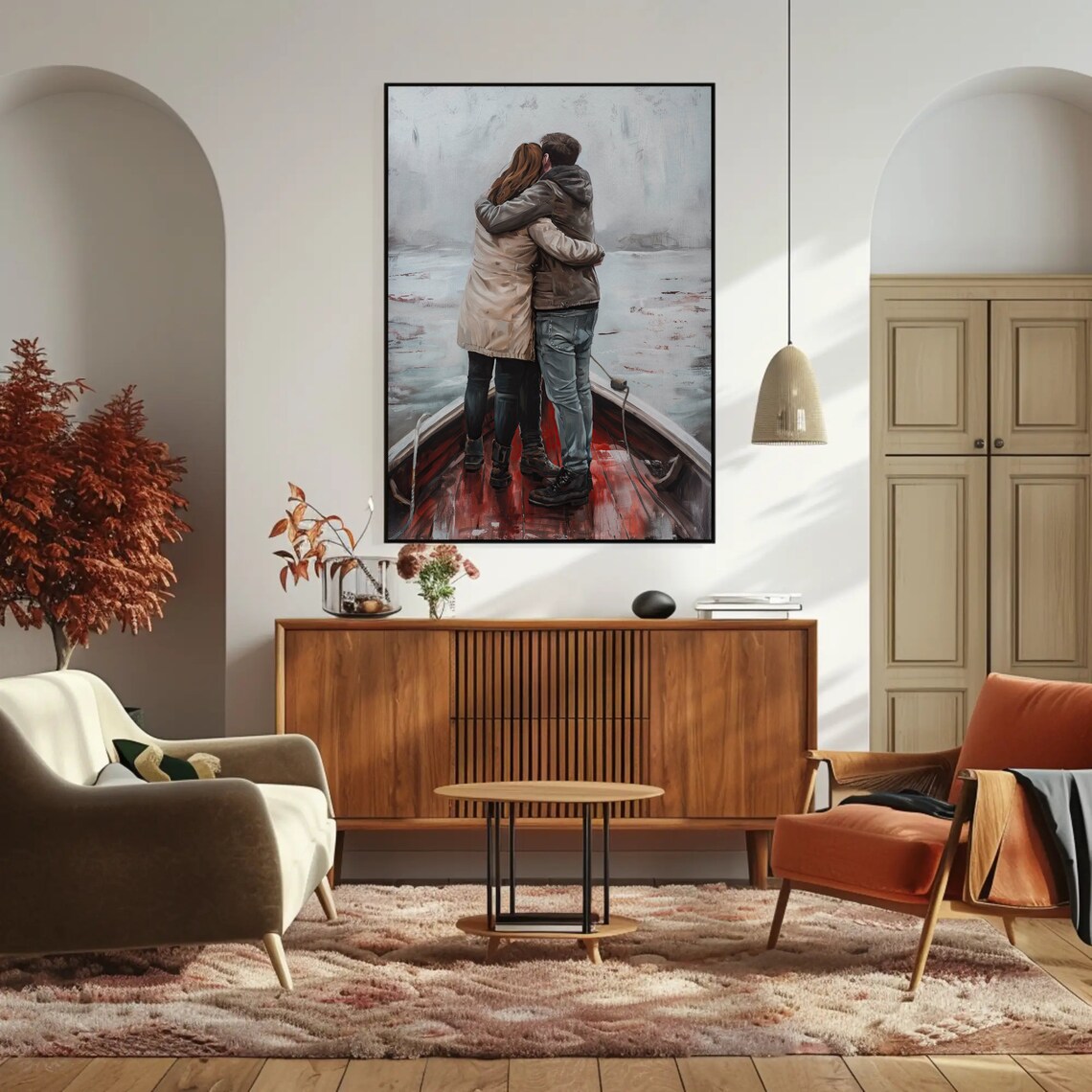 Romantic Couple Embracing in a Boat Oil Painting Poster Misty Waters - Image 4