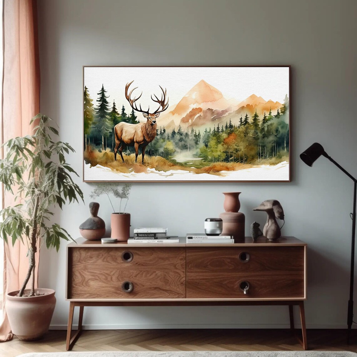 Elk in Mountain Forest Watercolor Wildlife Nature Decor Print - Image 3