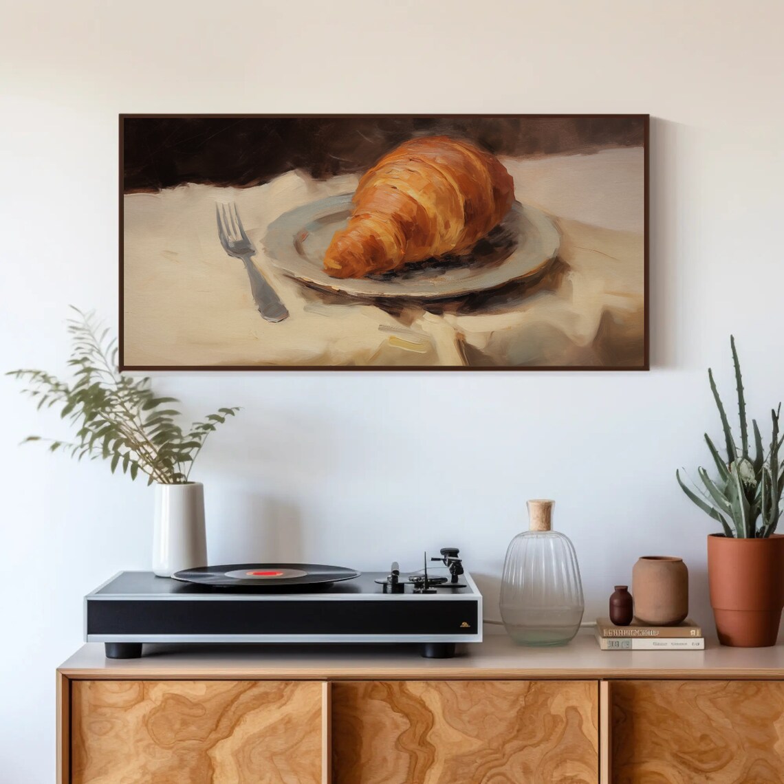 Golden Croissant Oil Painting Still Life on Ceramic Plate Print - Image 4