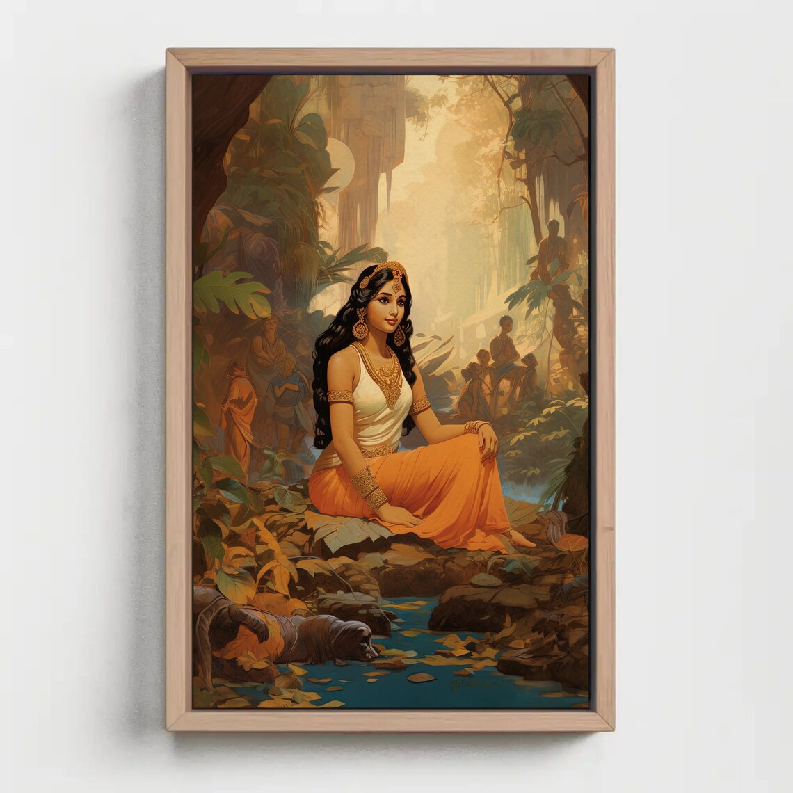 Large Indian Beauty in Jungle Warm Golden Figurative Art Print - Image 5