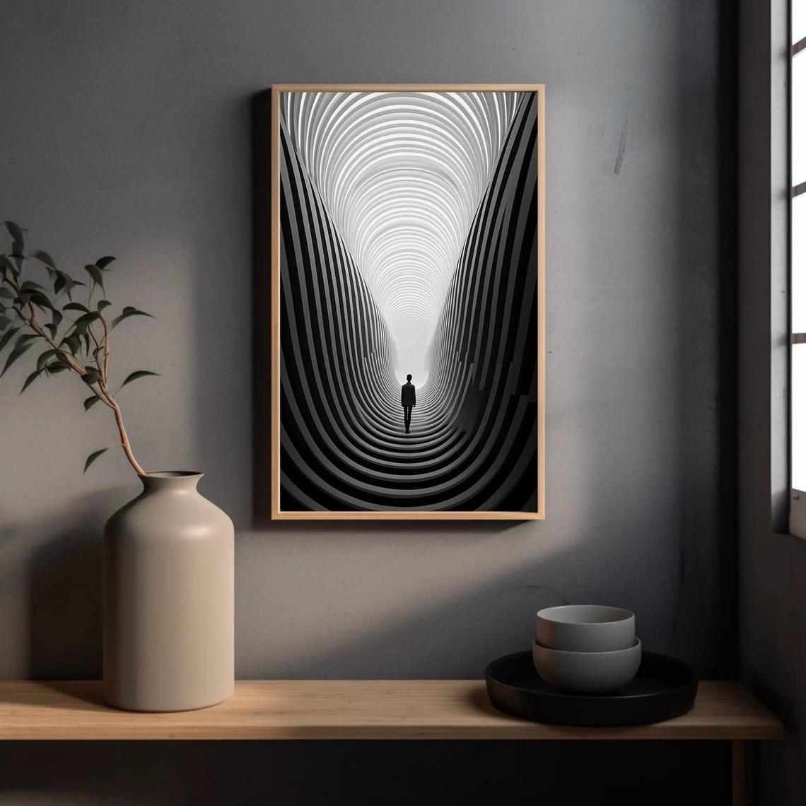 Black and White Abstract Tunnel Lone Figure Minimalist Art Print - Image 3