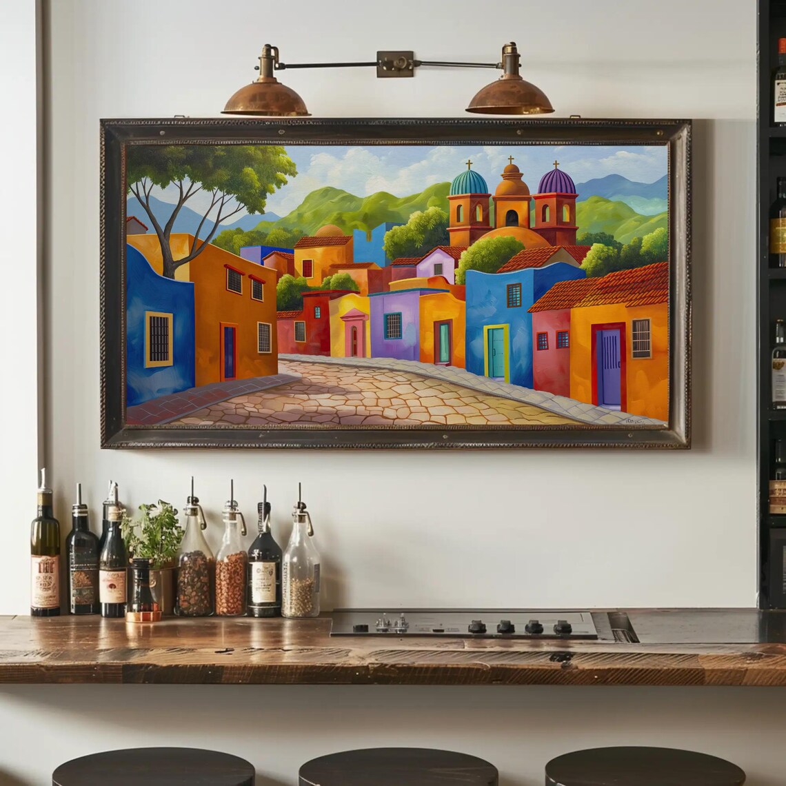 Colorful Mexican Town Street With Twin Church Domes Art Poster - Image 2