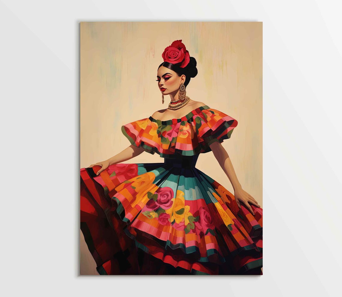 Mexican Woman in Festive Folk Dress With Rose Portrait Poster - Image 5