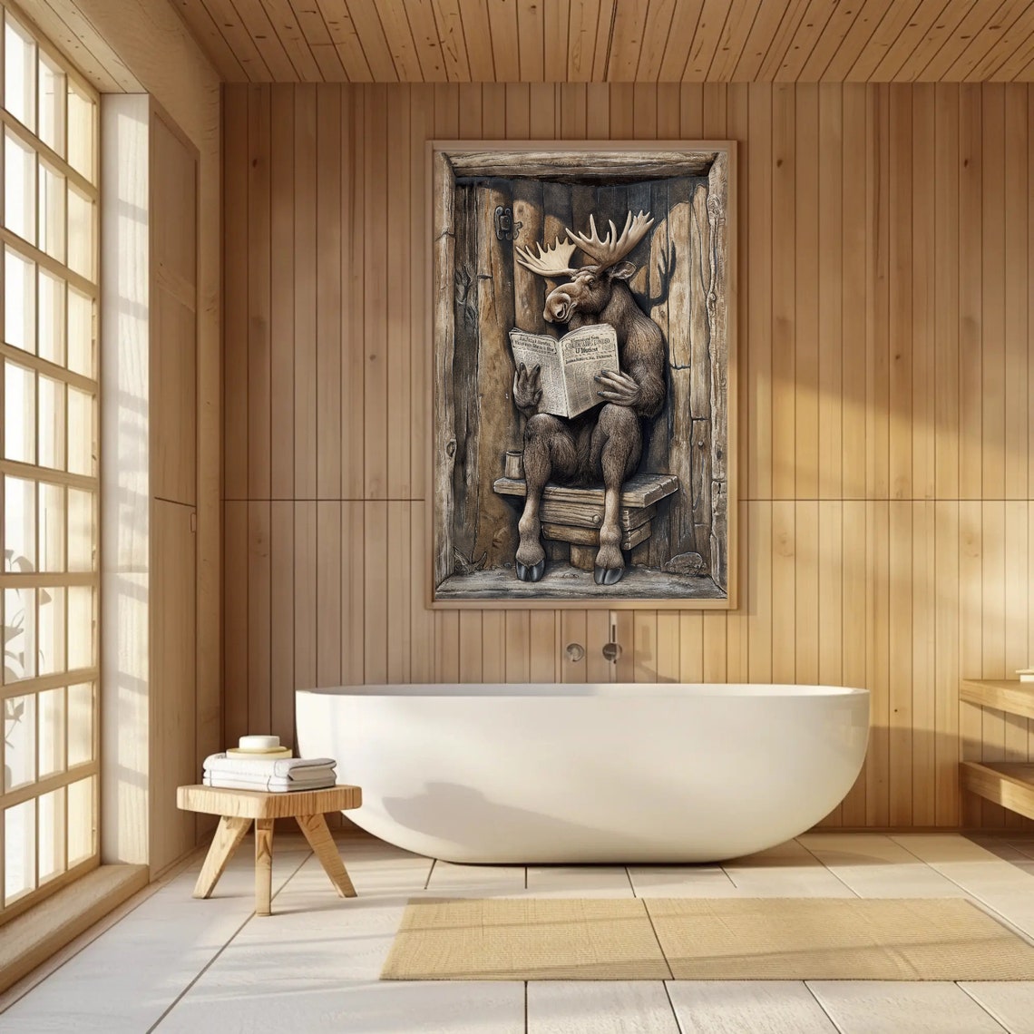 Moose Reading Newspaper on Outhouse Funny Rustic Bathroom Poster - Image 4