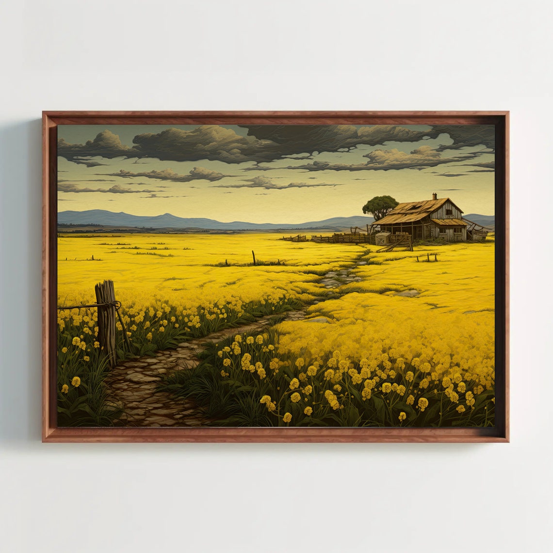 Mustard Field Farmhouse Stone Path Moody Yellow Landscape Poster